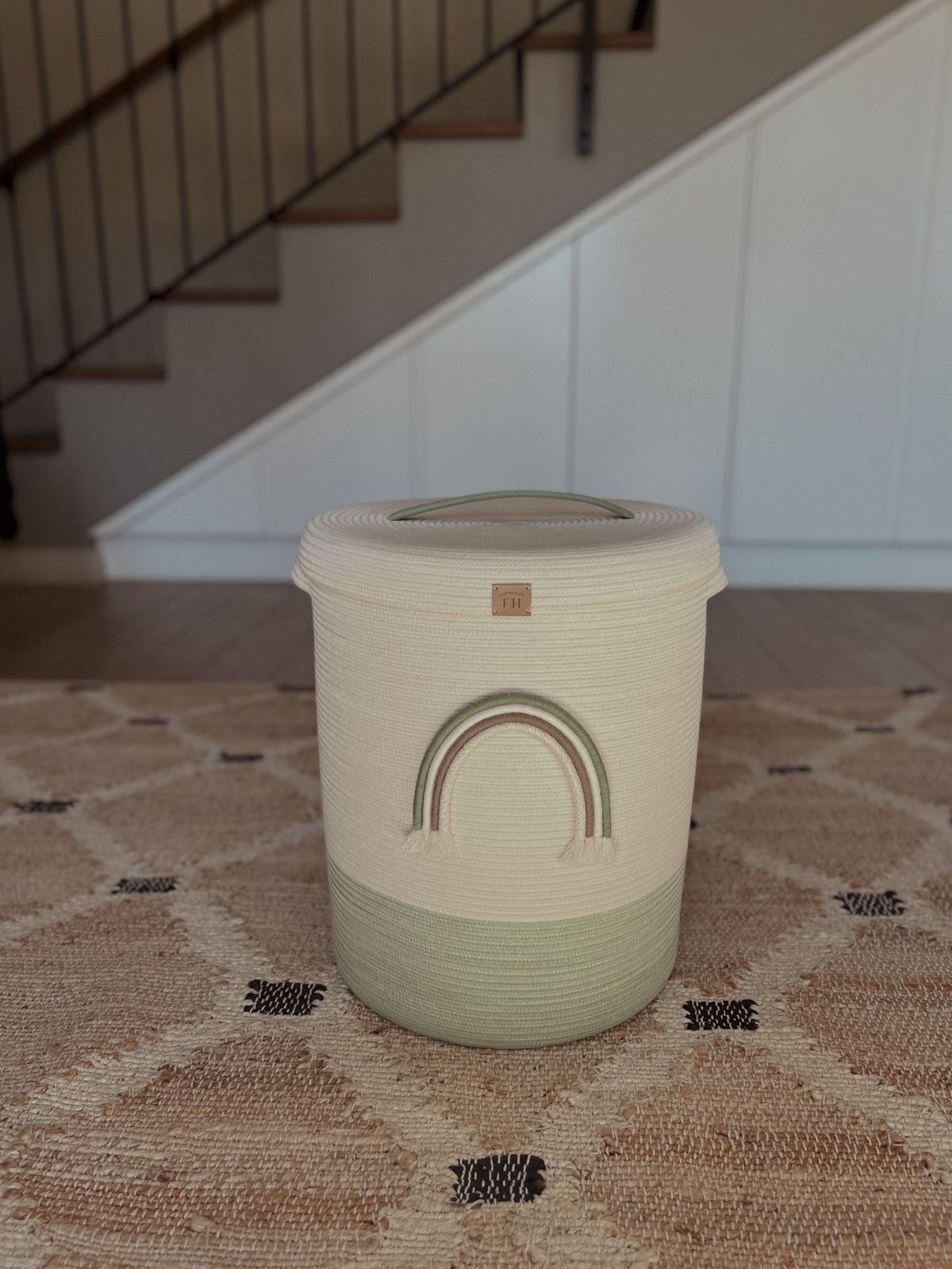 Rainbow rope laundry basket - with lid sage