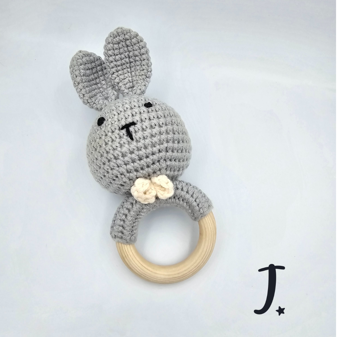 Bunny teethers with wooden ring and rattle