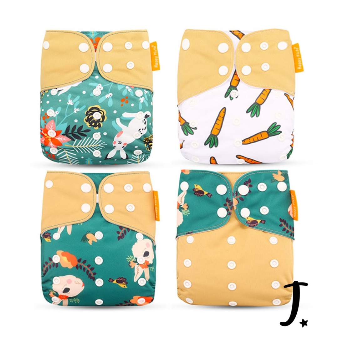 4 Pack, Happy Flute Pocket Diapers, Rabbits & Carrots Print