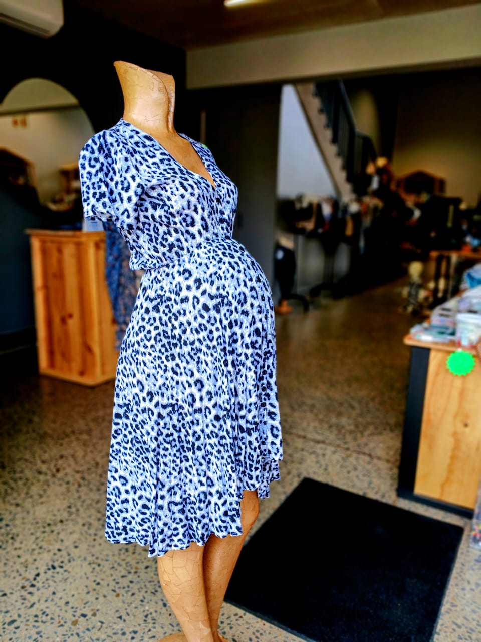 Blue leopard print button up short maternity dress