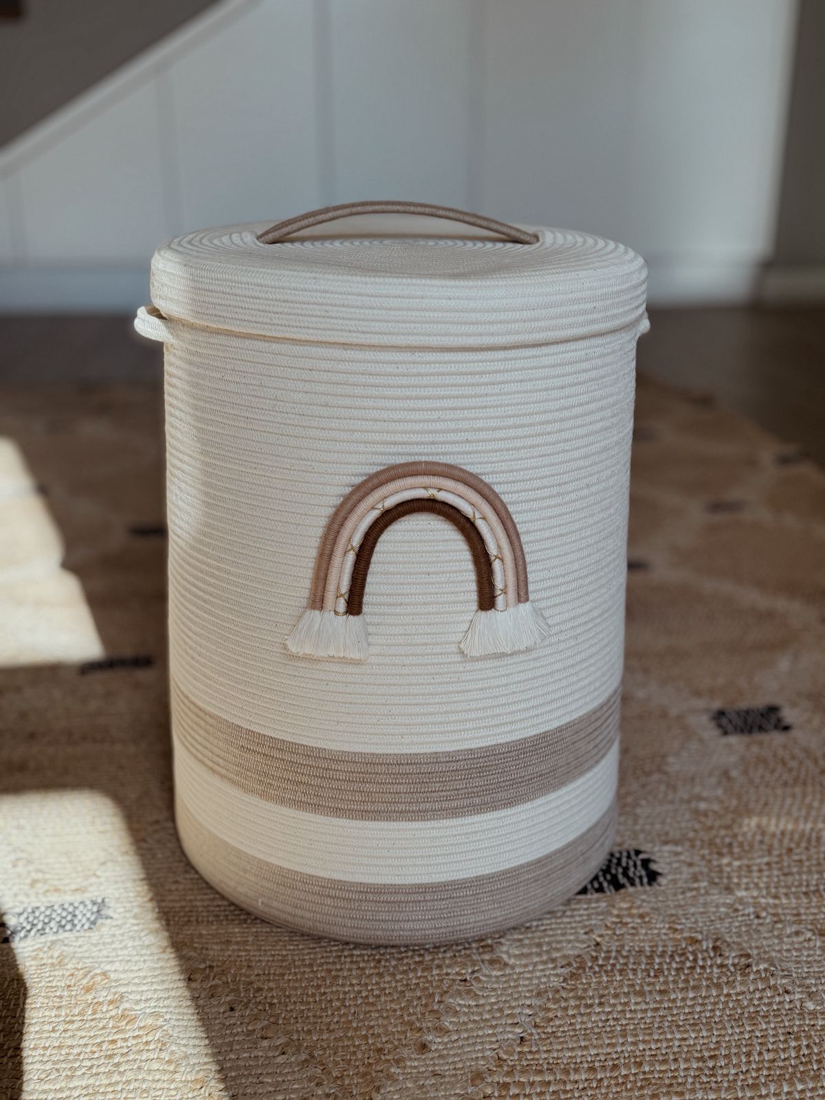 Rainbow rope laundry basket - with lid neutral