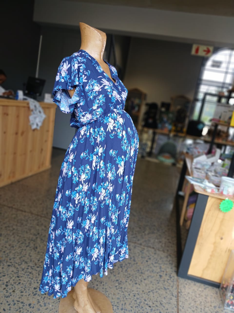Dark navy floral foldover long maternity dress