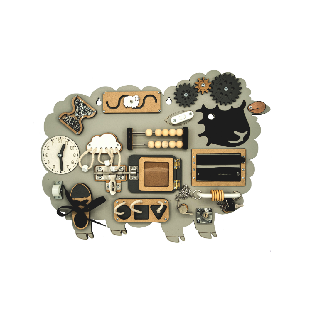 Kiani Wooly the Sheep wall-mounted busy board Grey