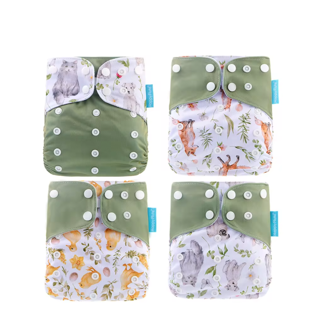 4 Pack Happy Flute pockets - Green animals