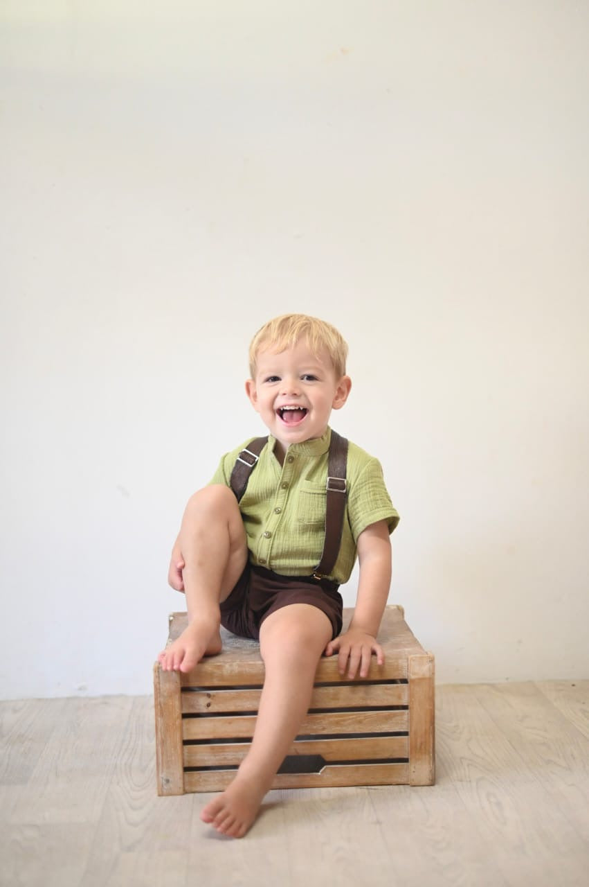 Nika - Green Muslin Short Sleeve Boy Romper