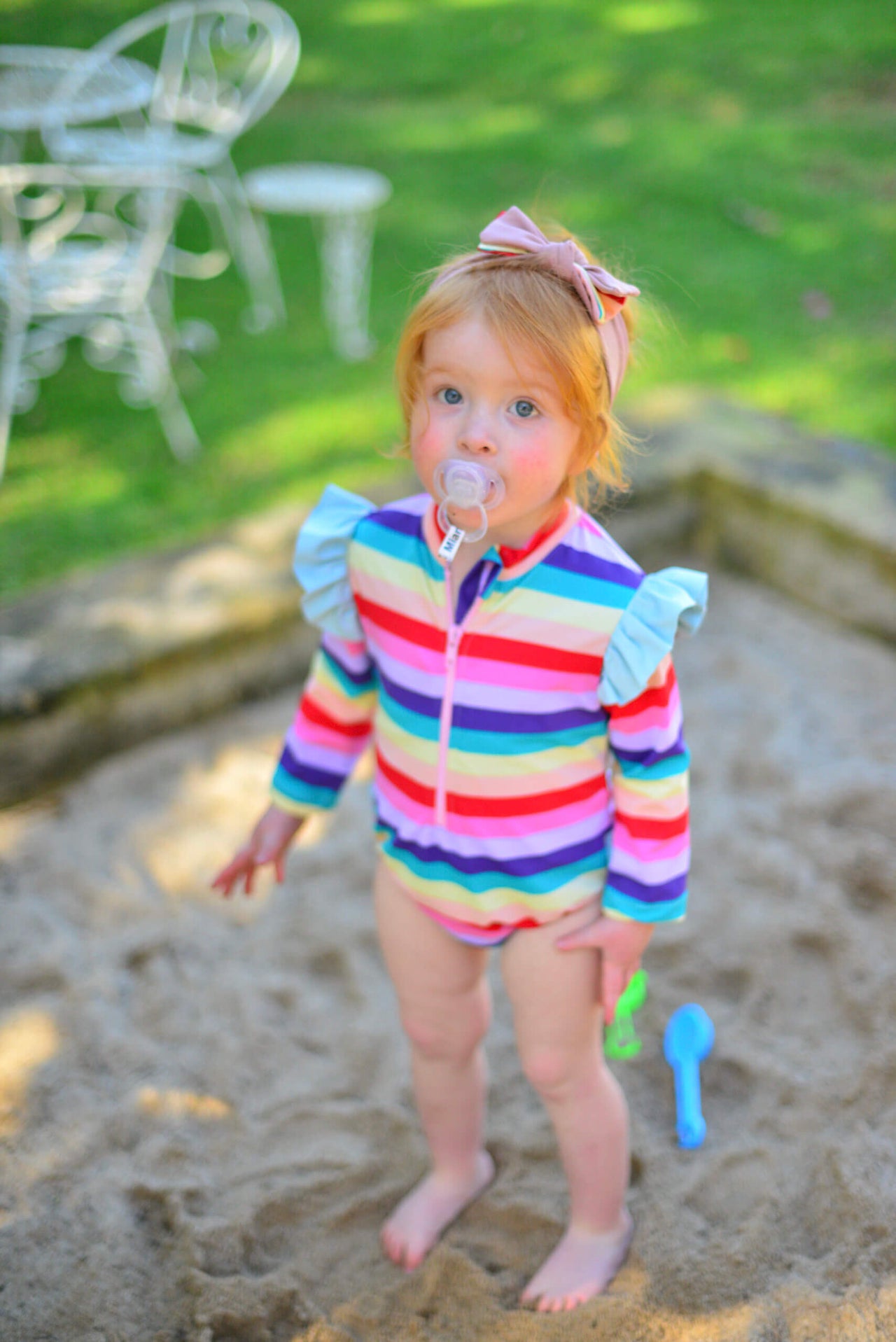 Colorful stripe girl with headband swimsuit