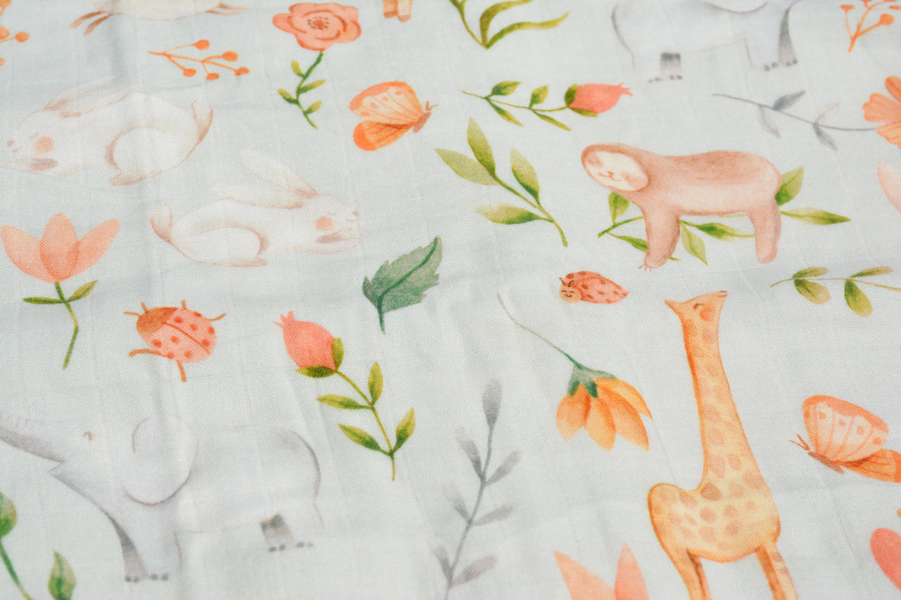Bamboo cotton muslin blanket - 4 layers - Baby animal drawings
