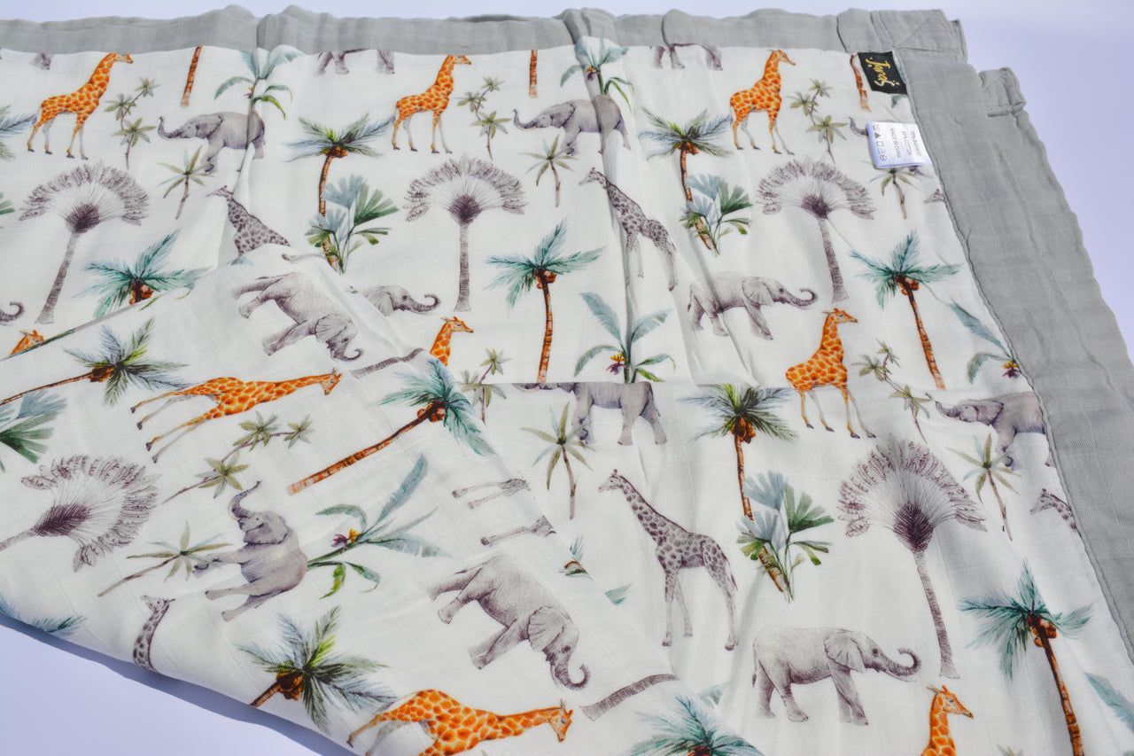 Bamboo Cotton Muslin Blanket - 4 Layer - Elephants and Giraffes