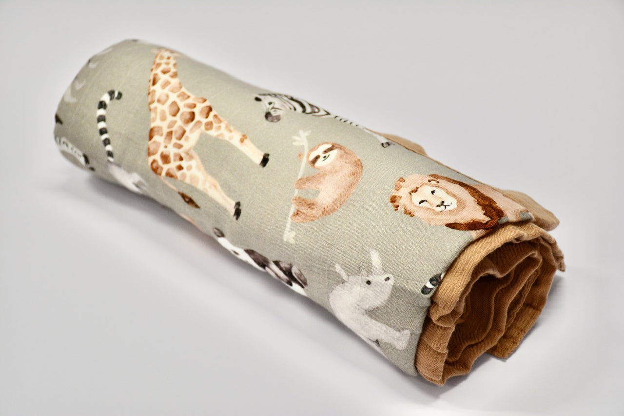Bamboo cotton muslin blanket - 4 layers - Safari with brown edge