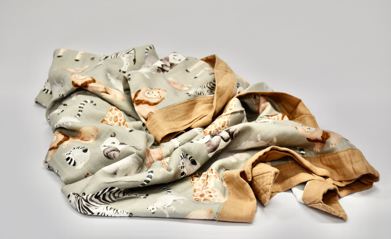 Bamboo cotton muslin blanket - 4 layers - Safari with brown edge