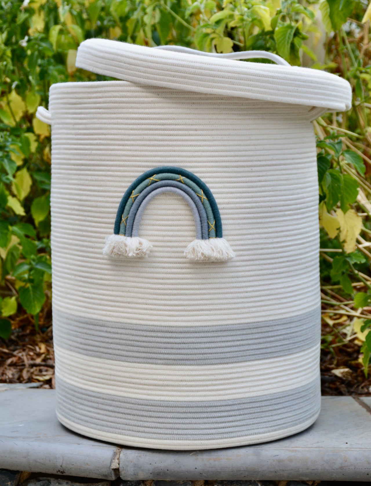 Rainbow rope laundry basket - with lid blue