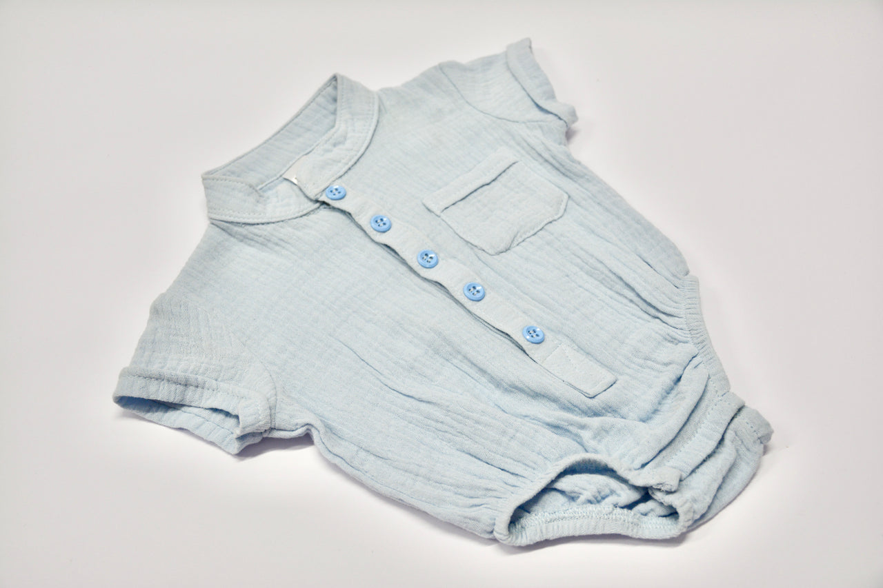 Nika - Blue Muslin Short Sleeve Boy Romper