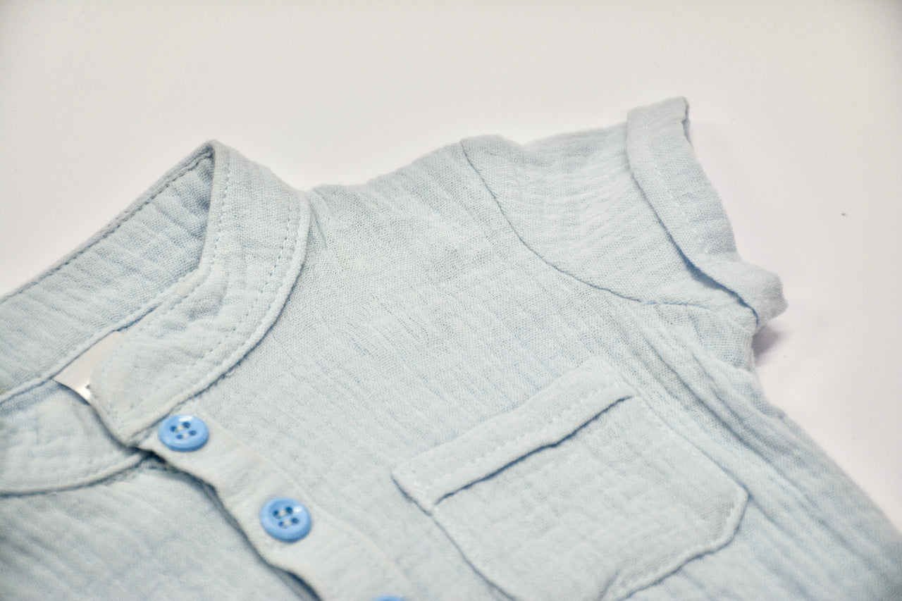 Nika - Blue Muslin Short Sleeve Boy Romper