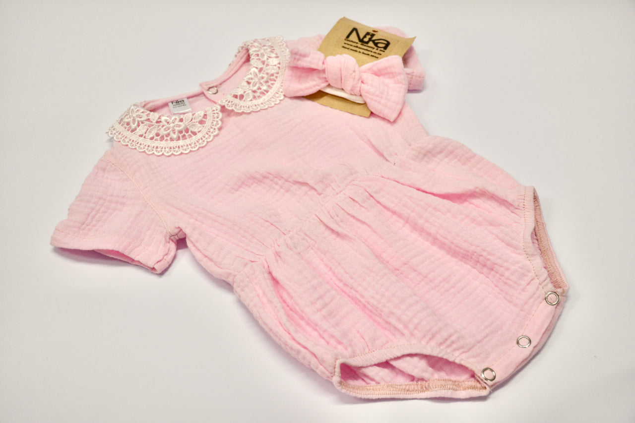Nika - Muslin Baby Pink Girl Romper and Headband Set
