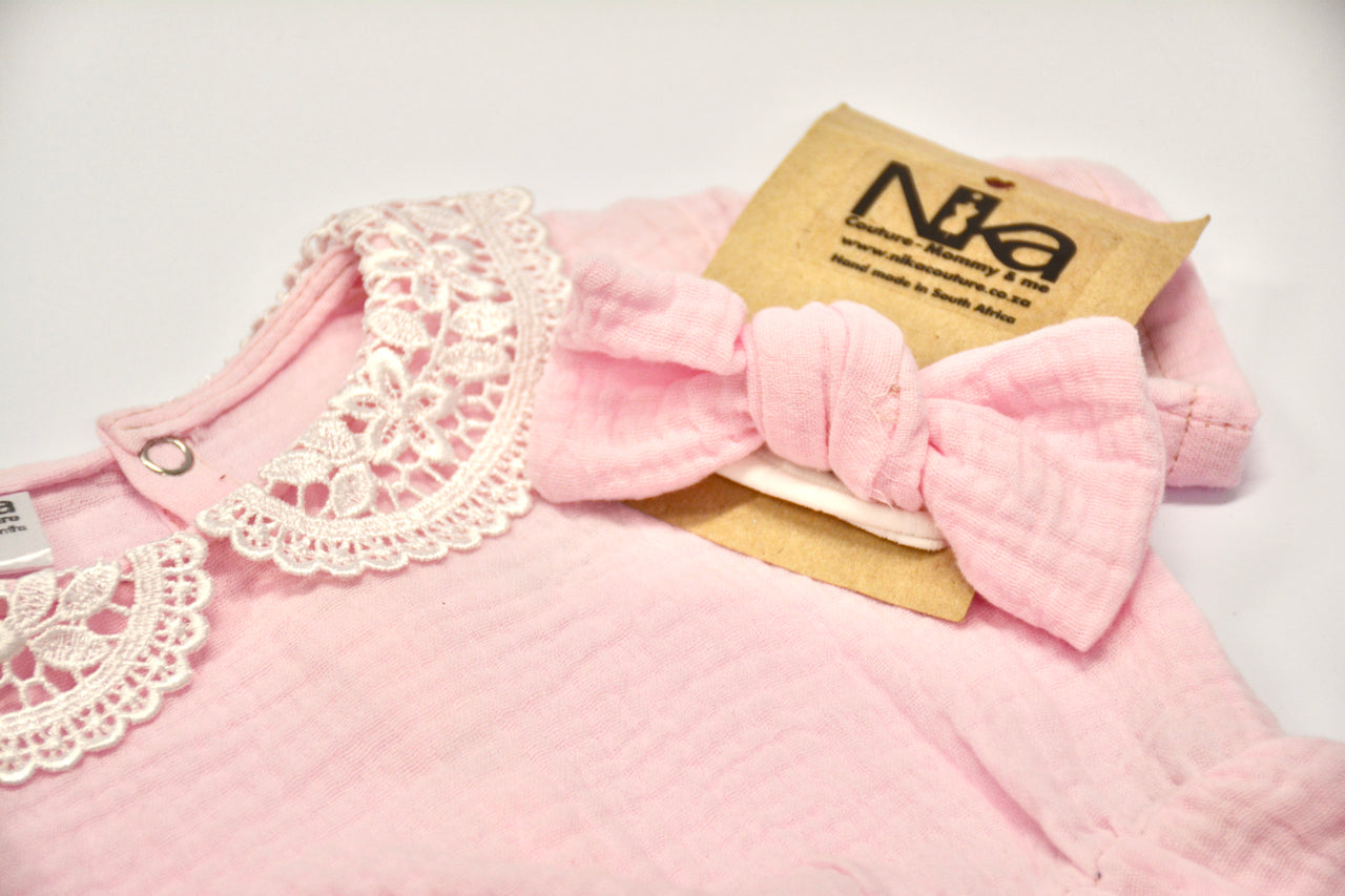 Nika - Muslin Baby Pink Girl Romper and Headband Set