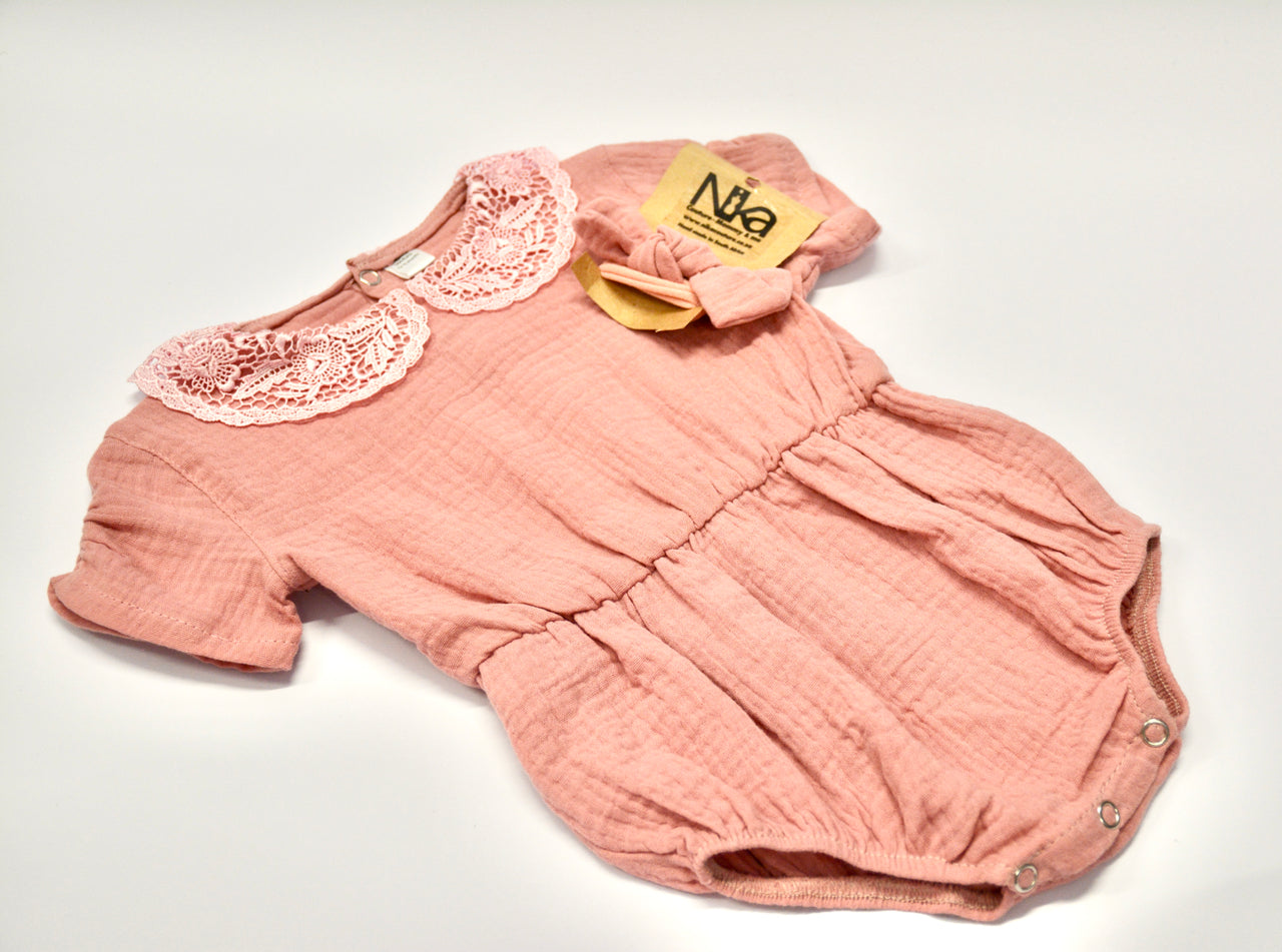 Nika - Muslin Dusty Pink Girl Romper and Headband Set