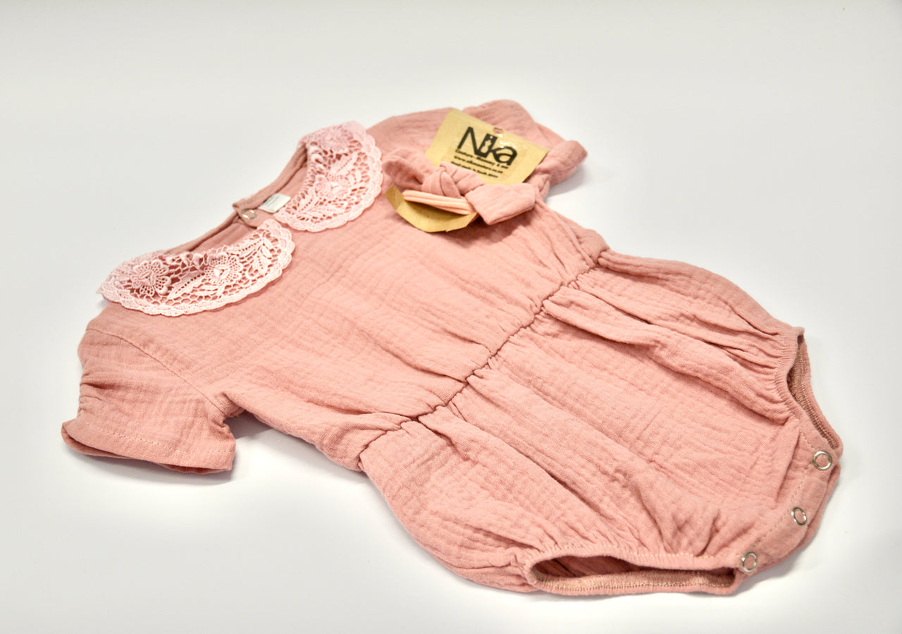 Nika - Muslin Dusty Pink Girl Romper and Headband Set