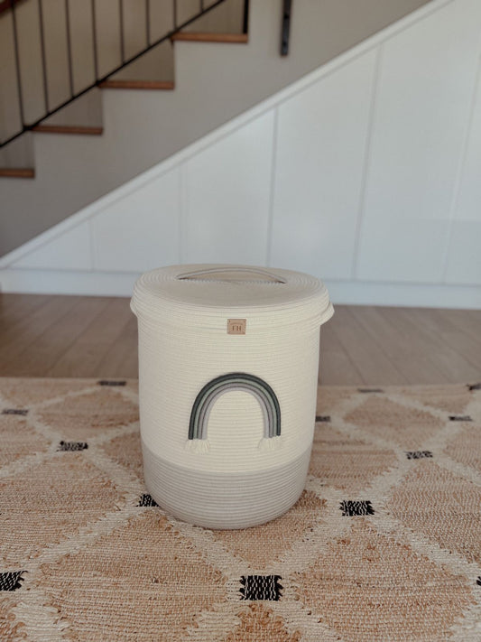 Rainbow rope laundry basket - with lid blue