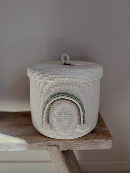 Rainbow rope basket - with lid sage