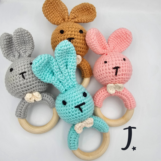 Bunny teethers with wooden ring and rattle