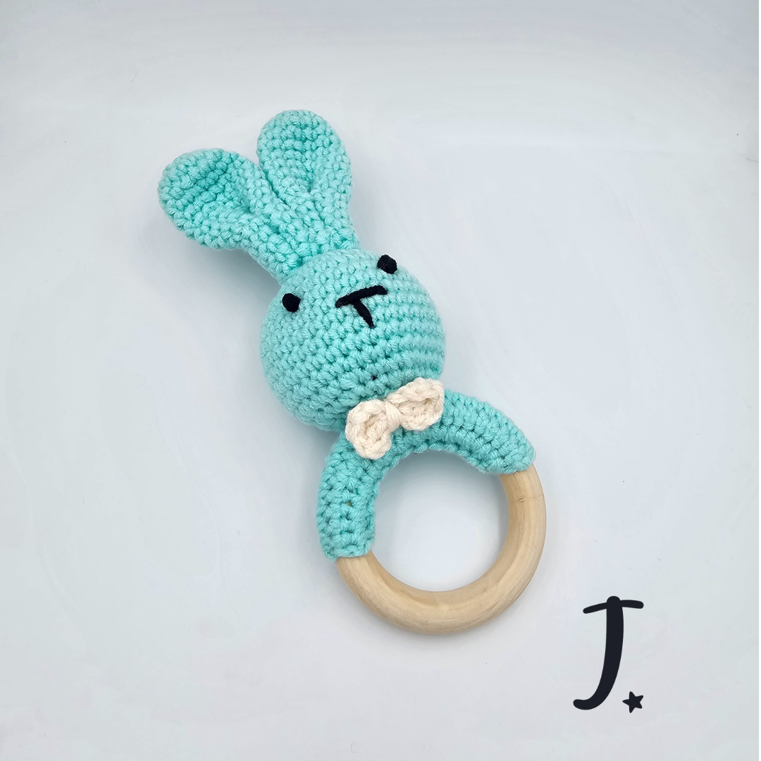 Bunny teethers with wooden ring and rattle