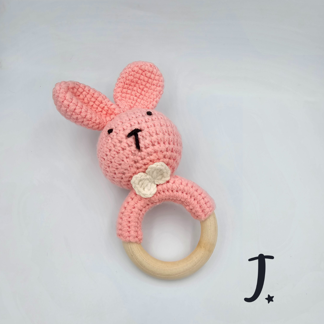 Bunny teethers with wooden ring and rattle