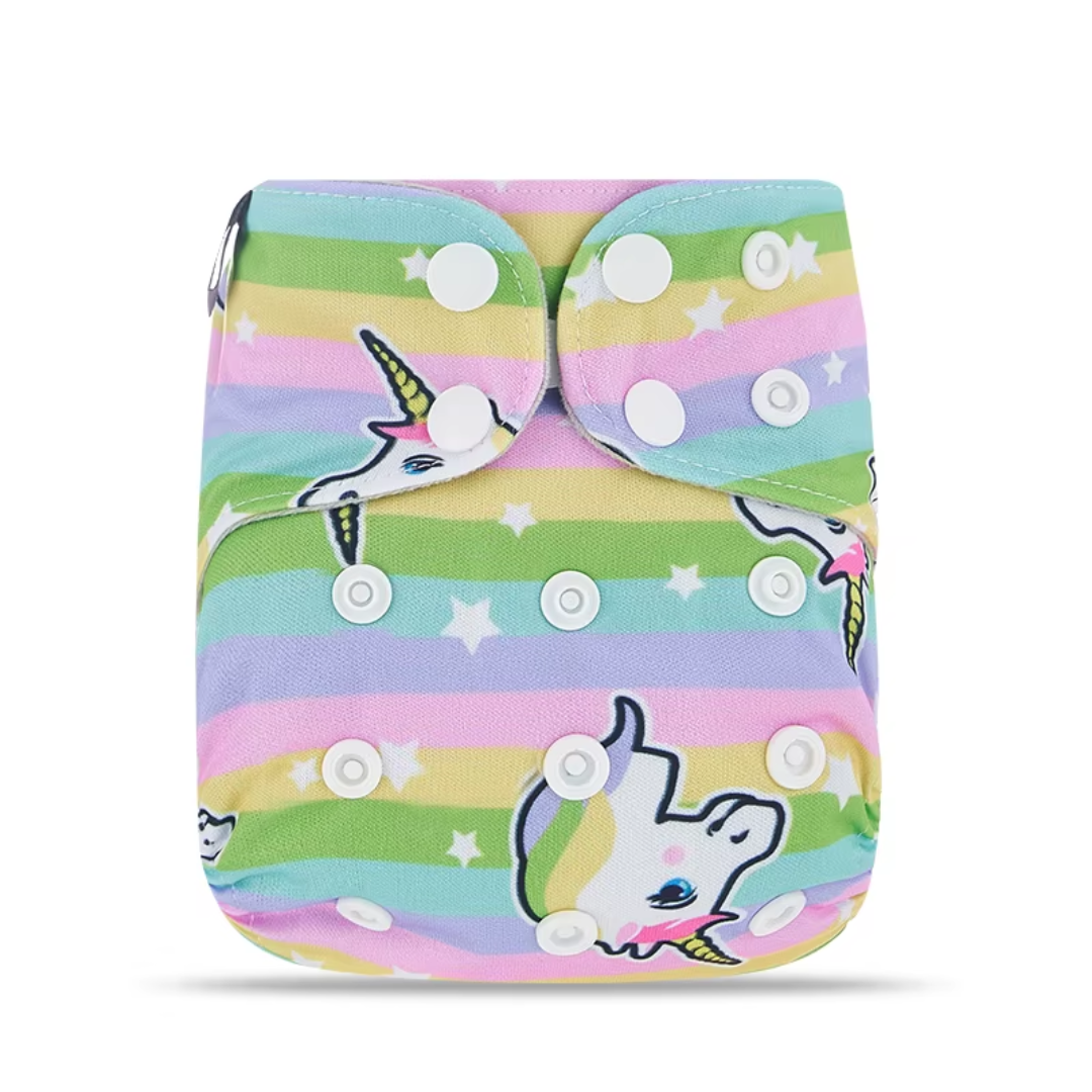 Newborn reusable cloth diaper, grey suede, ALL-IN-ONE, Rainbow unicorn