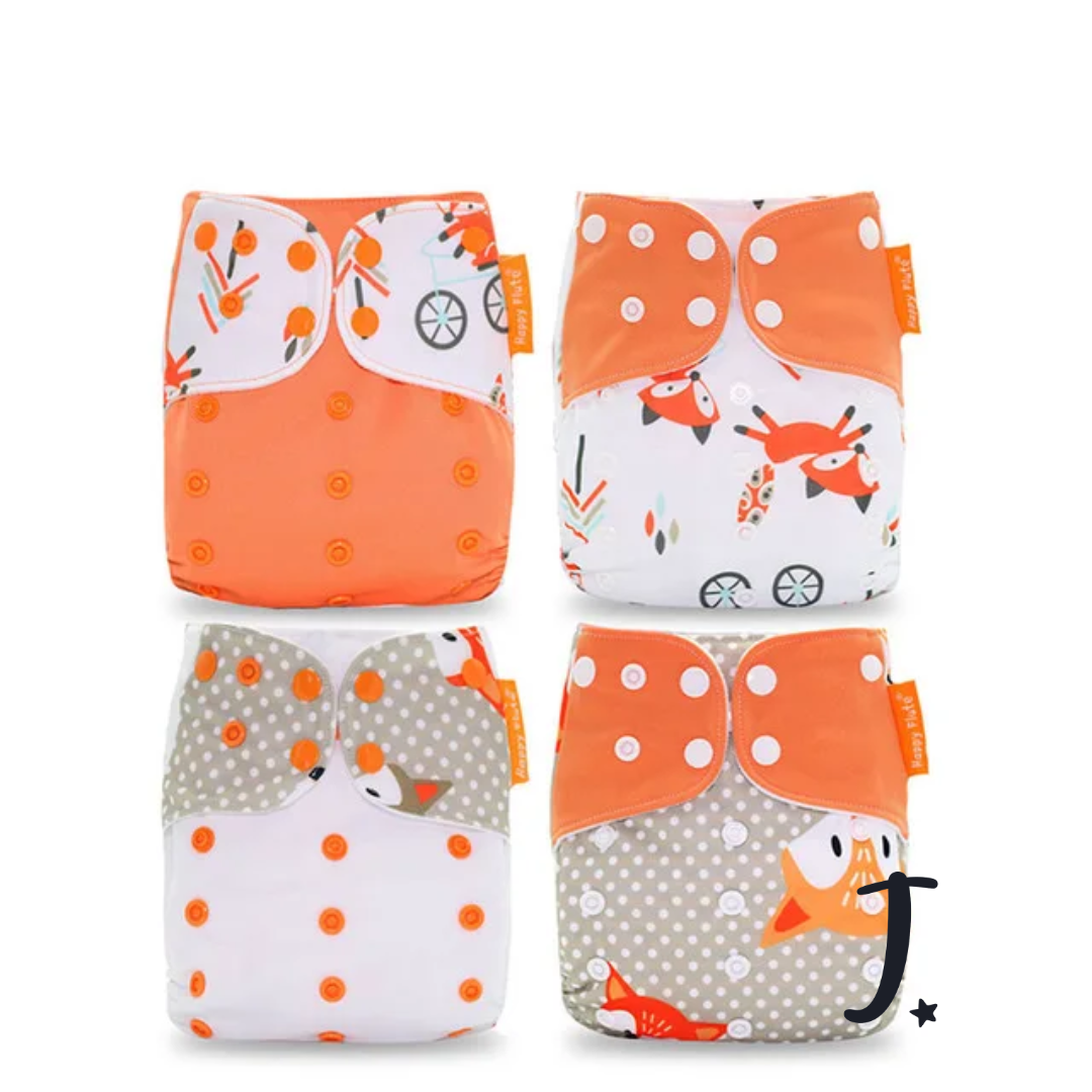 4 Pack, Happy Flute Pocket Diapers, Foxes