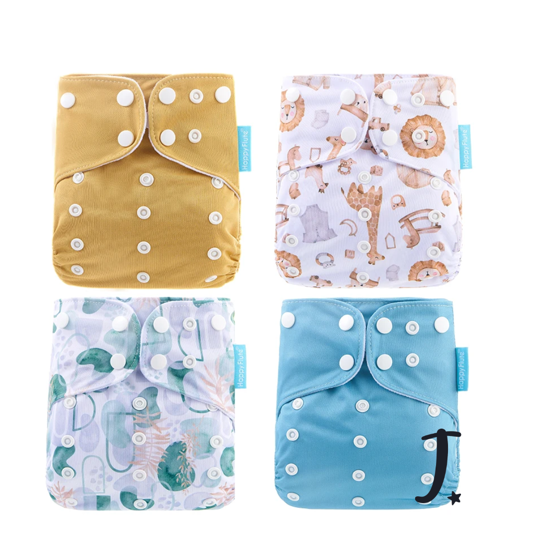 4 Pack, Happy Flute Pocket Diapers, green and gold
