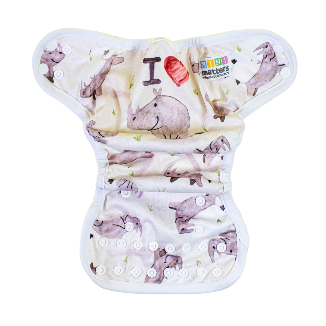 Mini matters PUL cover - newborn - I love rhinos