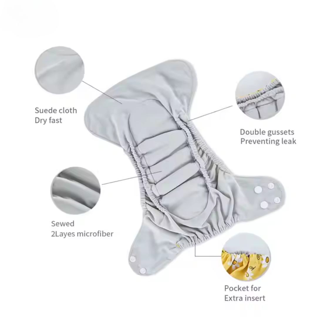 Newborn reusable cloth diaper, grey suede, ALL-IN-ONE, mint unicorn