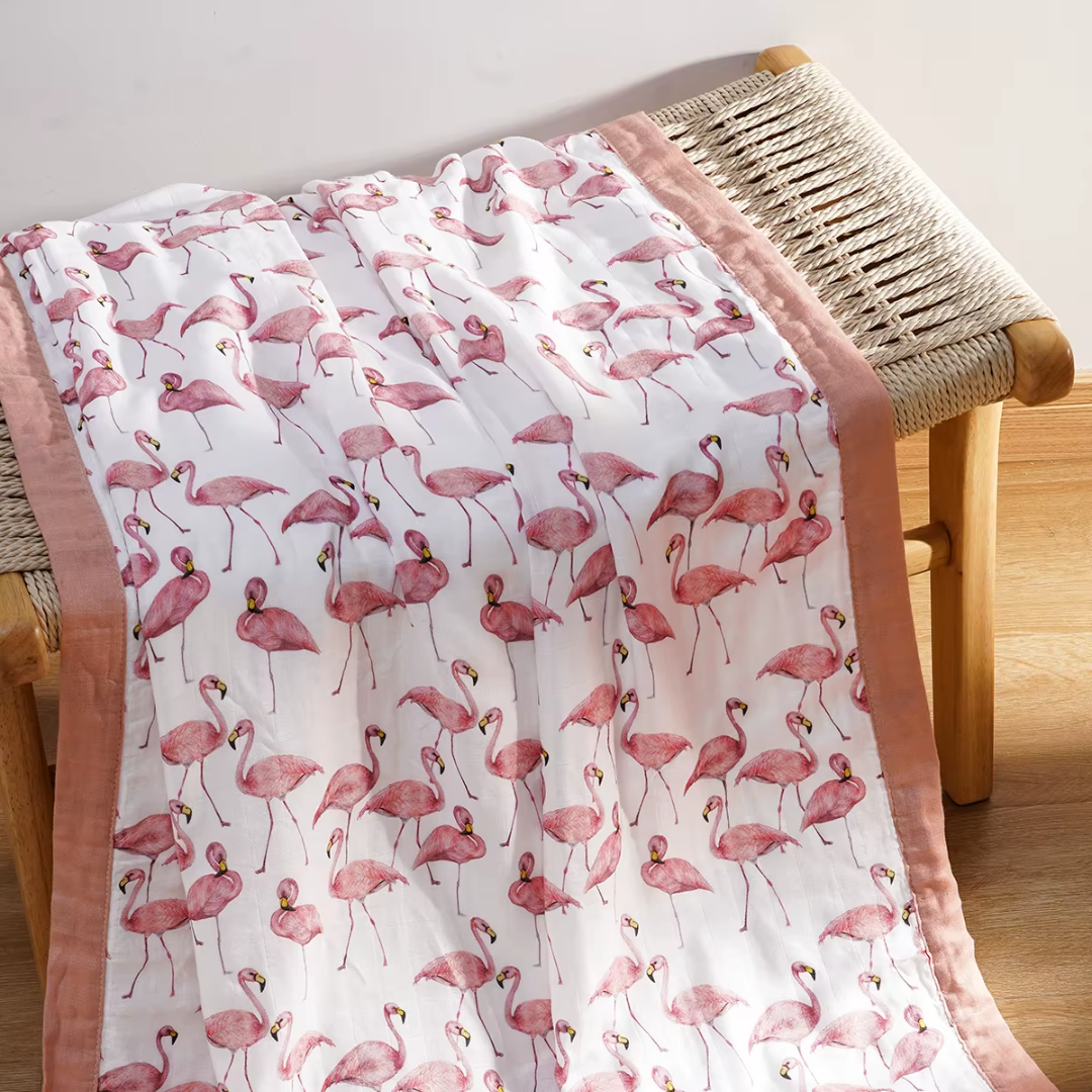 Bamboo cotton muslin blanket - 4 layers - Pink flamingo