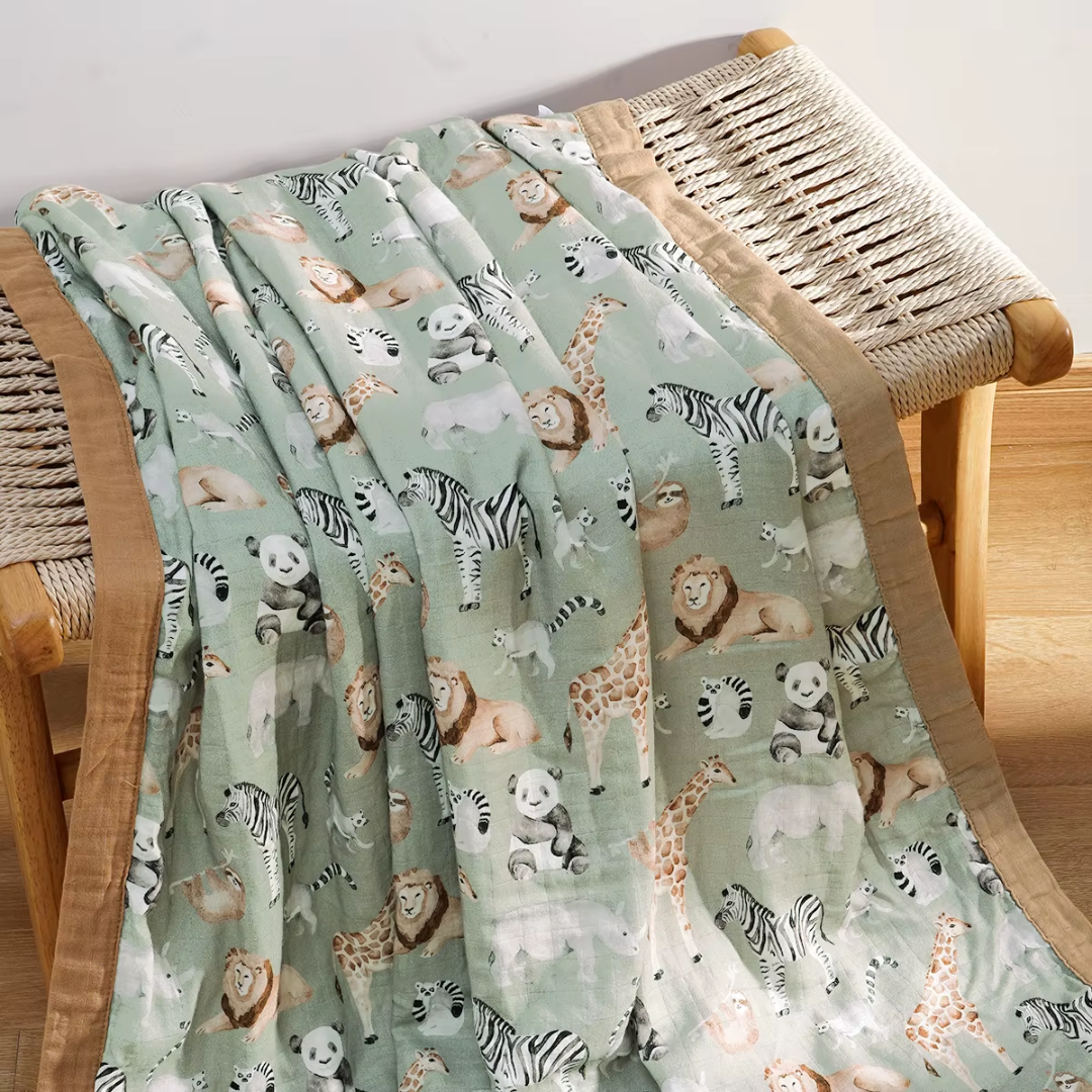 Bamboo cotton muslin blanket - 4 layers - Safari with brown edge