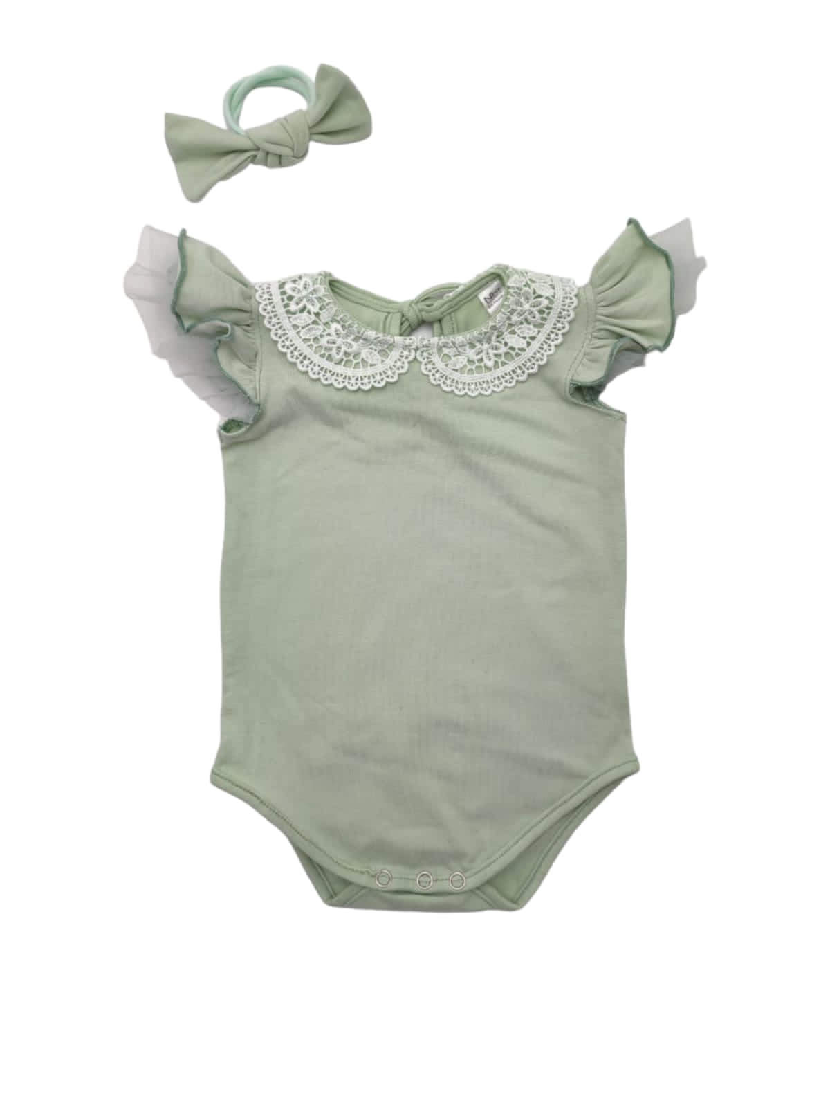 Short sleeve Mint lace collar with drama sleeves vest & Headband set