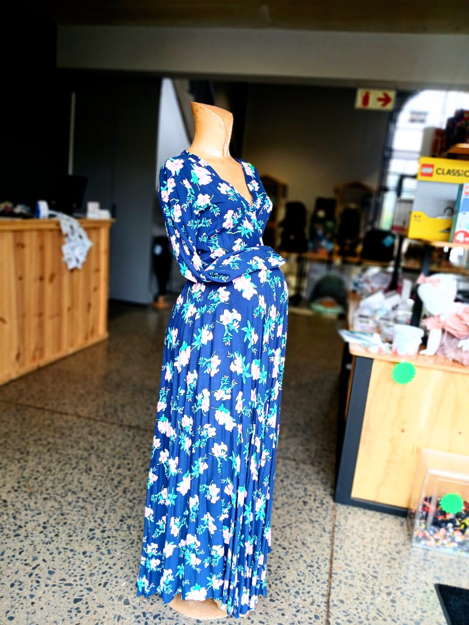 Navy & pink floral foldover long sleeve maternity dress