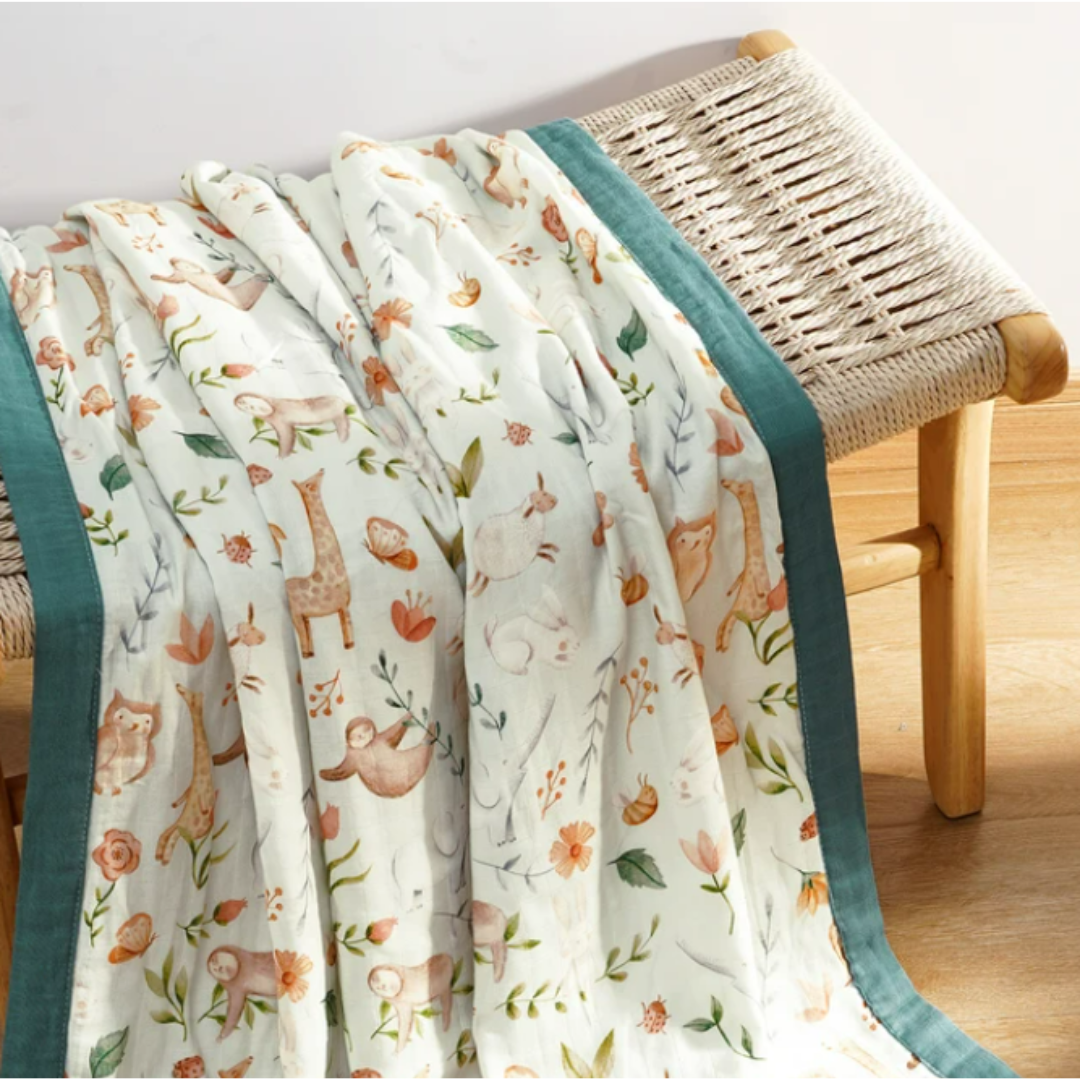 Bamboo cotton muslin blanket - 4 layers - Baby animal drawings