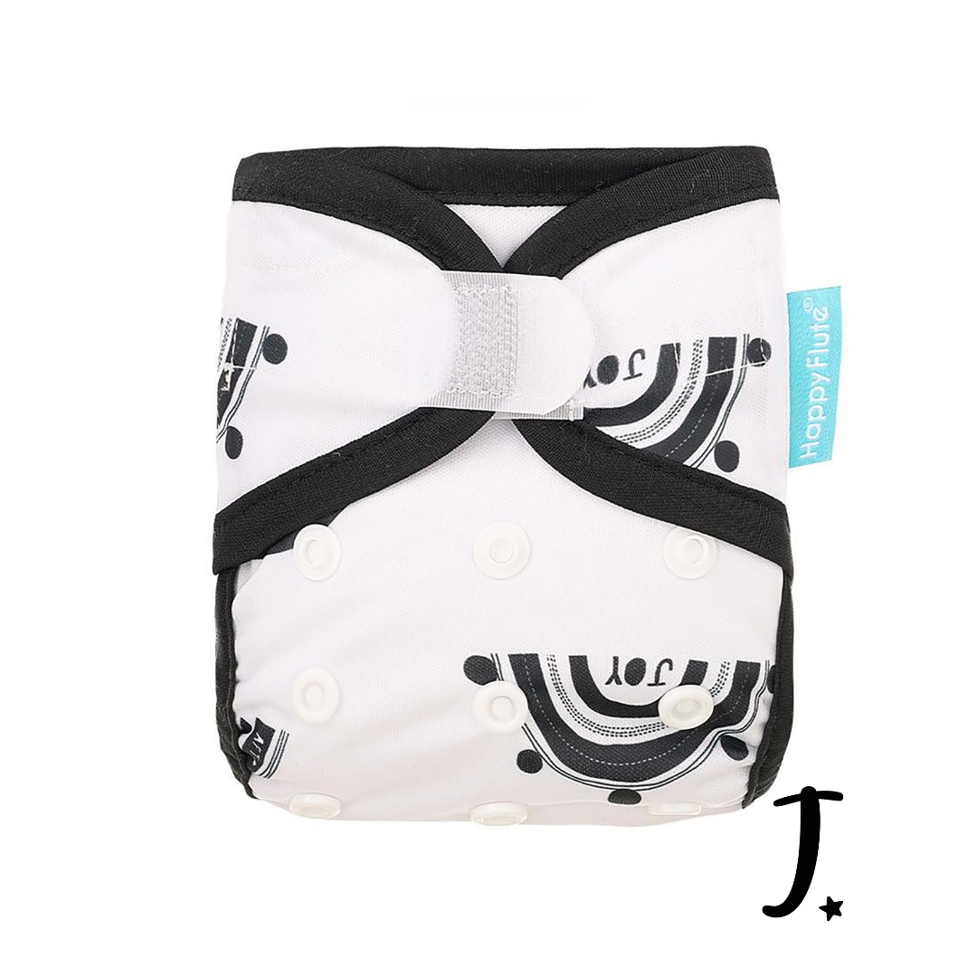 Happy Flute Newborn Velcro diaper cover, Black and white rainbows