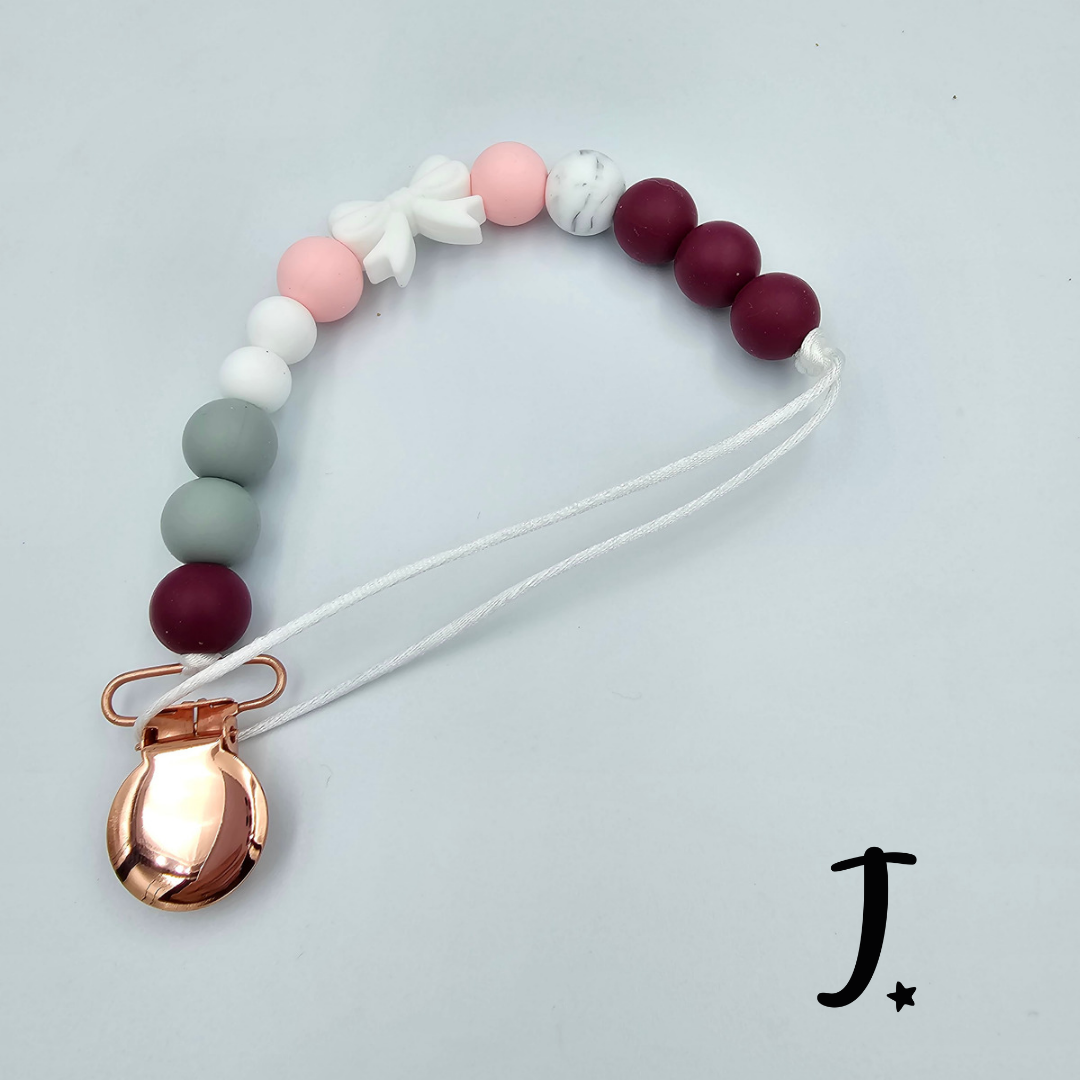 Silicone dummy clip, plum and rose gold
