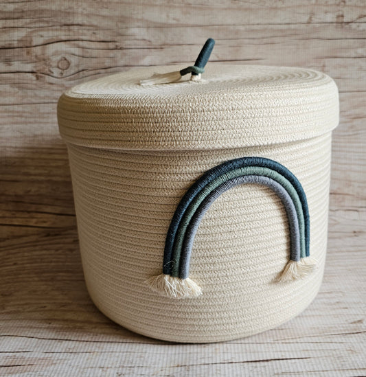 Rainbow rope basket - with lid Blue