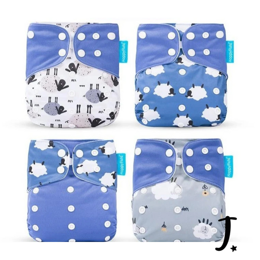 4 Pack, Happy Flute Pocket Diapers, Blue Sheep Print