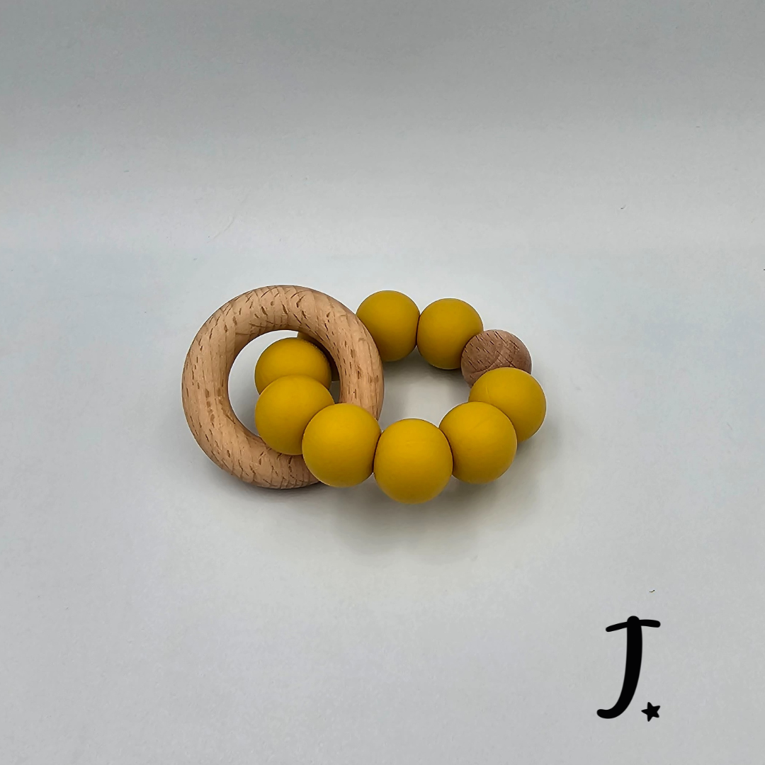 Silicone & Wooden Teether, one wooden ring - Mustard