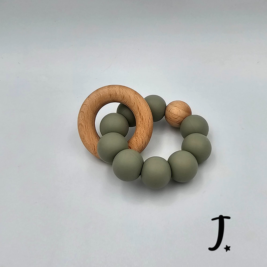 Silicone & Wooden Teether, one wooden ring - Olive