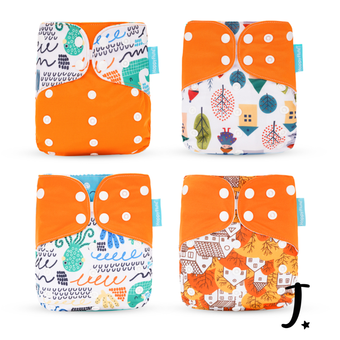 4 Pack, Happy Flute Pocket Diapers, Orange Patterns Print