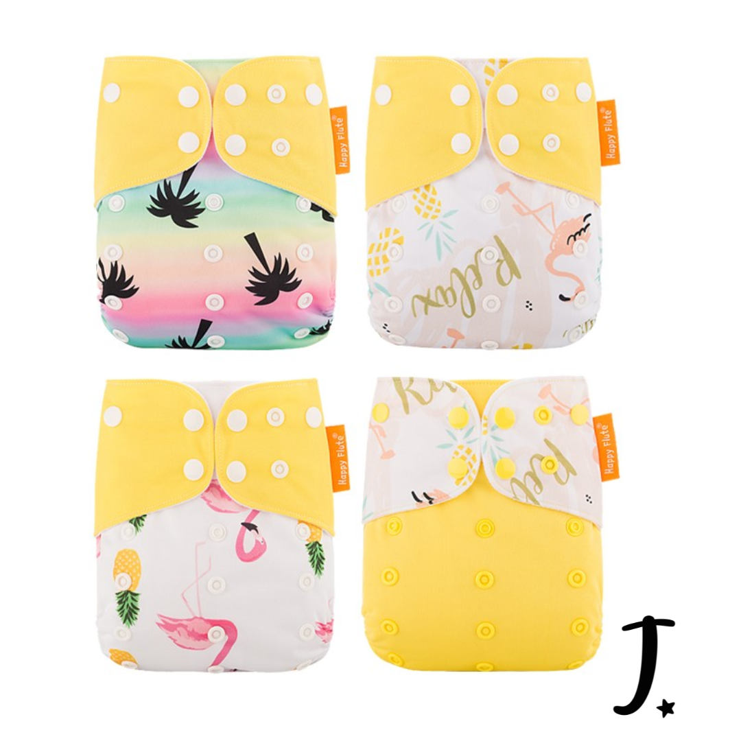 4 Pack, Happy Flute Pocket Diapers, Paradise Print yellow